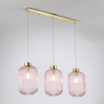 Nikita - Satin Brass 3 Light over Island Fitting with Pink Ribbed Big Glass Nikita - Satin Brass 3 Light over Island Fitting with Pink Ribbed Big Glass