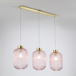 Nikita - Satin Brass 3 Light over Island Fitting with Pink Ribbed Big Glass Nikita - Satin Brass 3 Light over Island Fitting with Pink Ribbed Big Glass