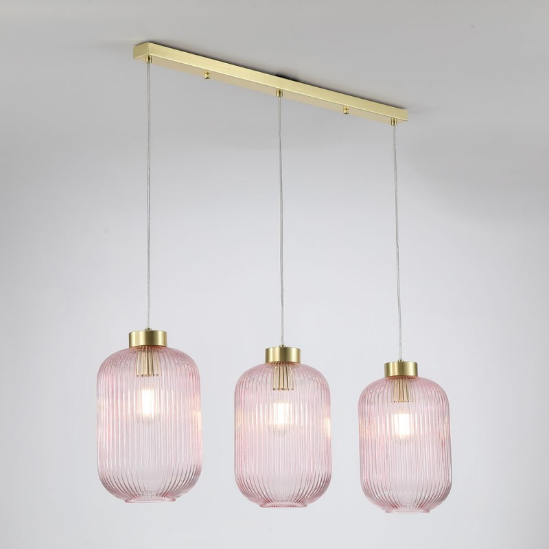 Searchlight-NIK-SP3-SB+3x01NIK-PI - Nikita - Satin Brass 3 Light over Island Fitting with Pink Ribbed Big Glass