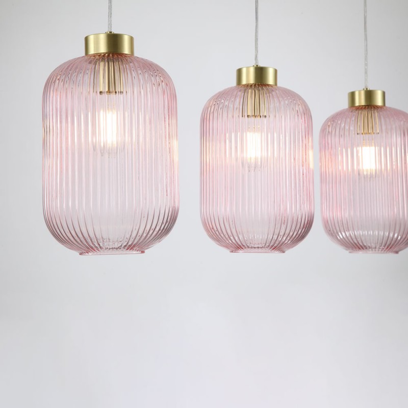 Searchlight-NIK-SP3-SB+3x01NIK-PI - Nikita - Satin Brass 3 Light over Island Fitting with Pink Ribbed Big Glass