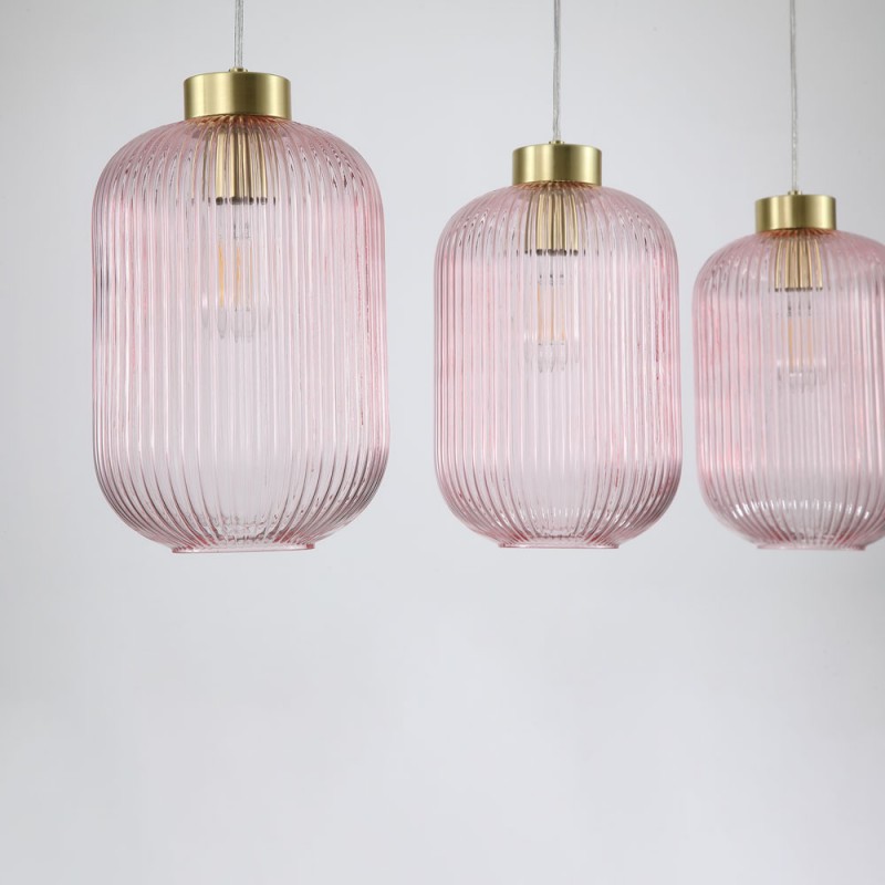 Searchlight-NIK-SP3-SB+3x01NIK-PI - Nikita - Satin Brass 3 Light over Island Fitting with Pink Ribbed Big Glass