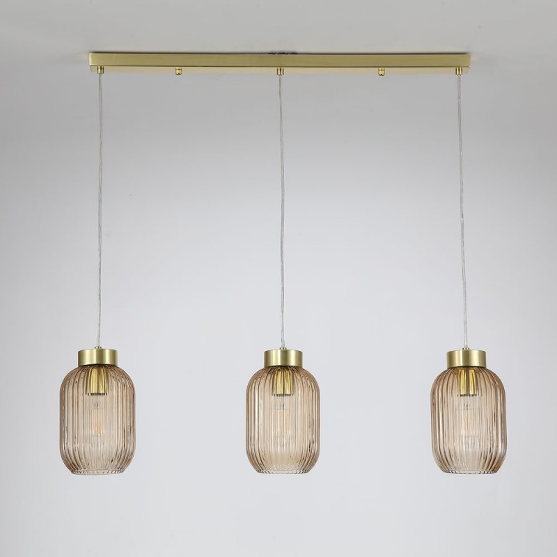 Searchlight-NIK-SP3-SB+3x02NIK-AM - Nikita - Satin Brass 3 Light over Island Fitting with Amber Ribbed Small Glass