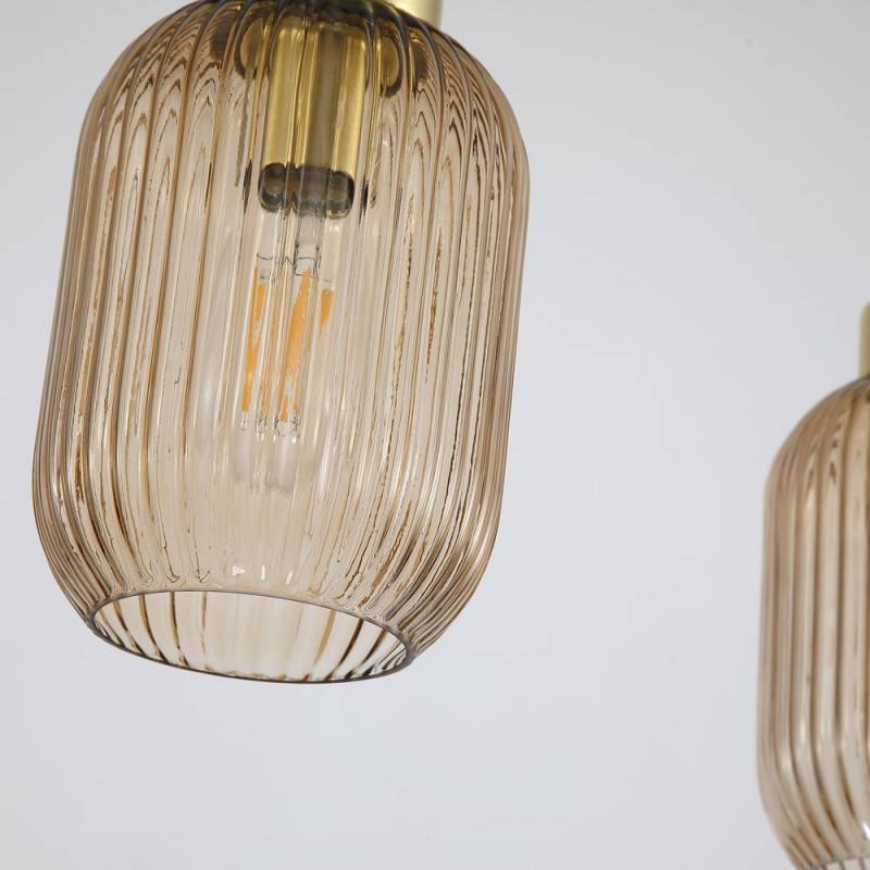 Searchlight-NIK-SP3-SB+3x02NIK-AM - Nikita - Satin Brass 3 Light over Island Fitting with Amber Ribbed Small Glass