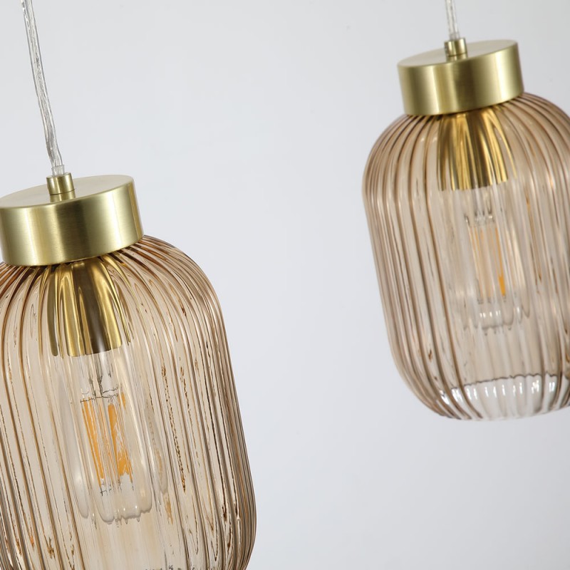 Searchlight-NIK-SP3-SB+3x02NIK-AM - Nikita - Satin Brass 3 Light over Island Fitting with Amber Ribbed Small Glass