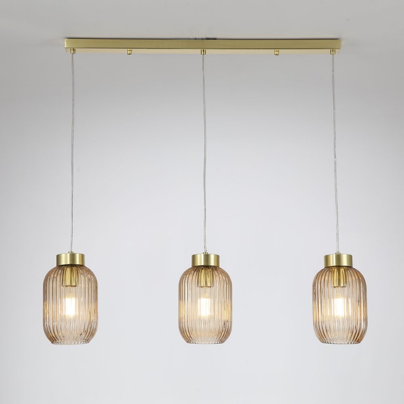 Searchlight-NIK-SP3-SB+3x02NIK-AM - Nikita - Satin Brass 3 Light over Island Fitting with Amber Ribbed Small Glass