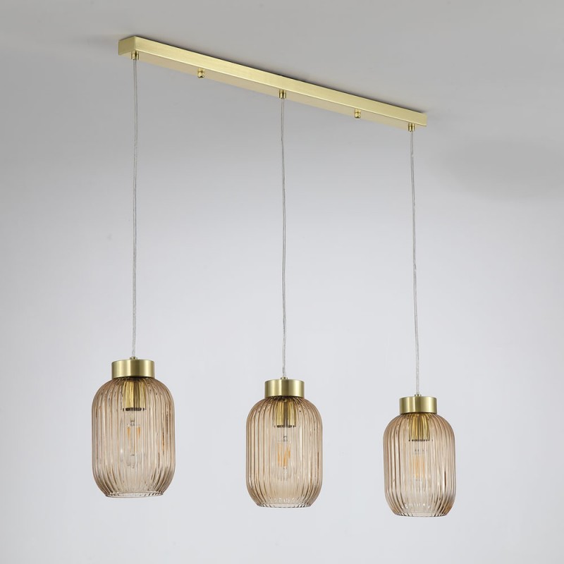 Searchlight-NIK-SP3-SB+3x02NIK-AM - Nikita - Satin Brass 3 Light over Island Fitting with Amber Ribbed Small Glass