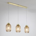 Nikita - Satin Brass 3 Light over Island Fitting with Amber Ribbed Small Glass Nikita - Satin Brass 3 Light over Island Fitting with Amber Ribbed Small Glass