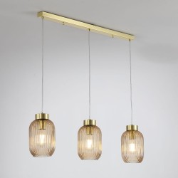 Nikita - Satin Brass 3 Light over Island Fitting with Amber Ribbed Small Glass Nikita - Satin Brass 3 Light over Island Fitting with Amber Ribbed Small Glass
