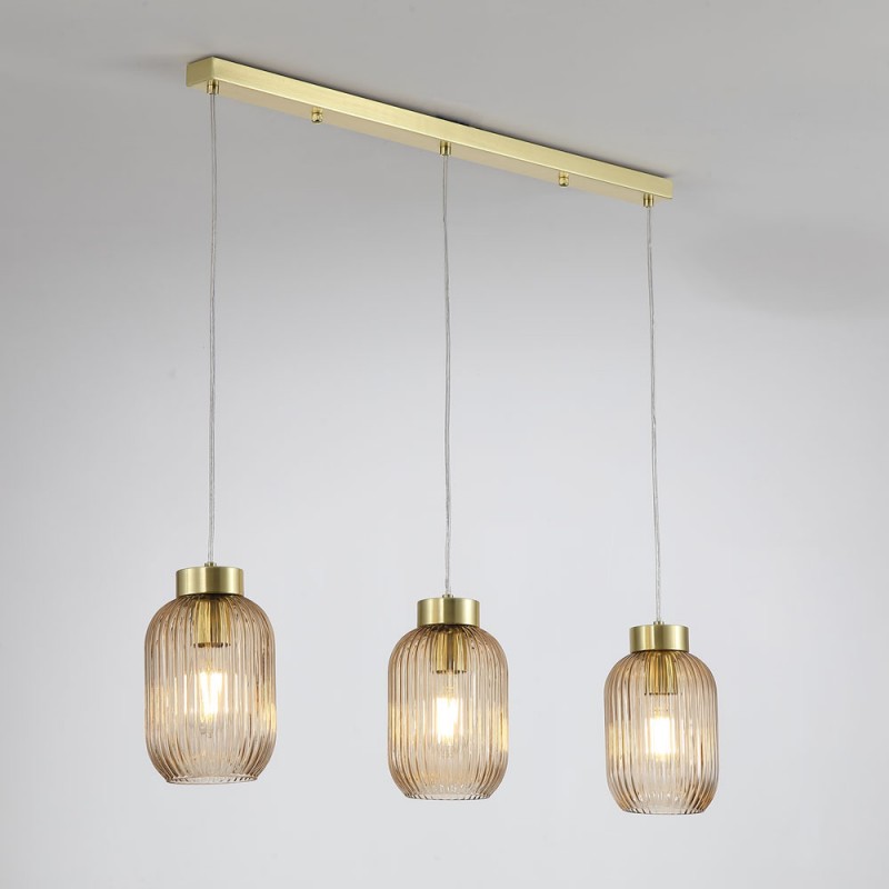 Searchlight-NIK-SP3-SB+3x02NIK-AM - Nikita - Satin Brass 3 Light over Island Fitting with Amber Ribbed Small Glass