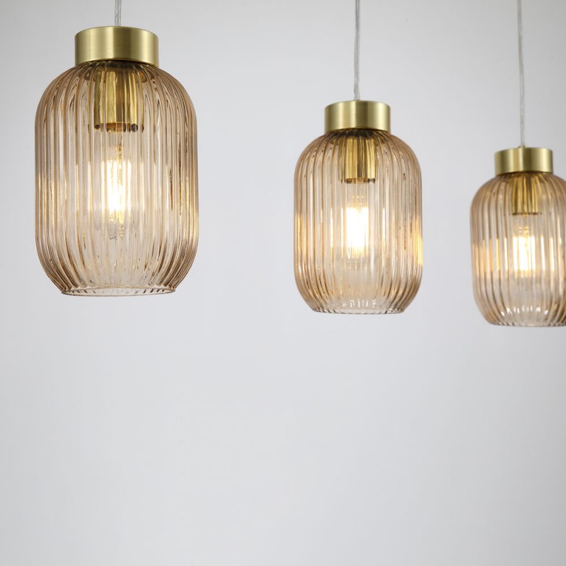 Searchlight-NIK-SP3-SB+3x02NIK-AM - Nikita - Satin Brass 3 Light over Island Fitting with Amber Ribbed Small Glass