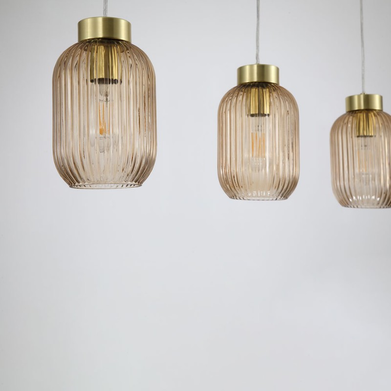 Searchlight-NIK-SP3-SB+3x02NIK-AM - Nikita - Satin Brass 3 Light over Island Fitting with Amber Ribbed Small Glass
