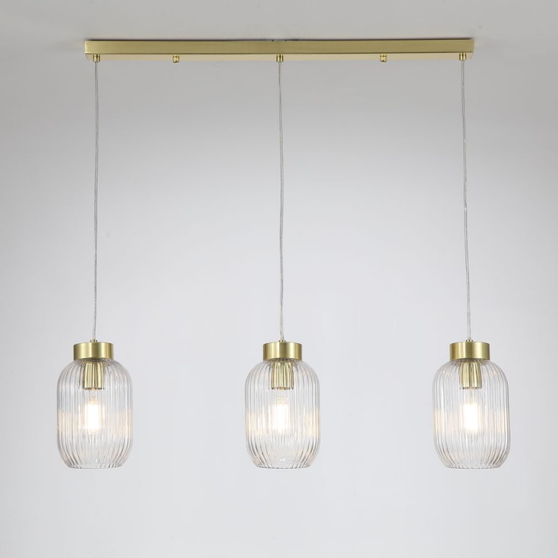 Kitchen Lights - Nikita - Satin Brass 3 Light over Island Fitting with Clear Ribbed Small Glass Searchlight-NIK-SP3-SB+3x02NIK-CL - Nikita - Satin Brass 3 Light over Island Fitting with Clear Ribbed Small Glass