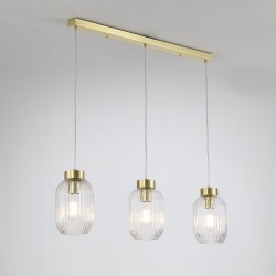 Nikita - Satin Brass 3 Light over Island Fitting with Clear Ribbed Small Glass Nikita - Satin Brass 3 Light over Island Fitting with Clear Ribbed Small Glass