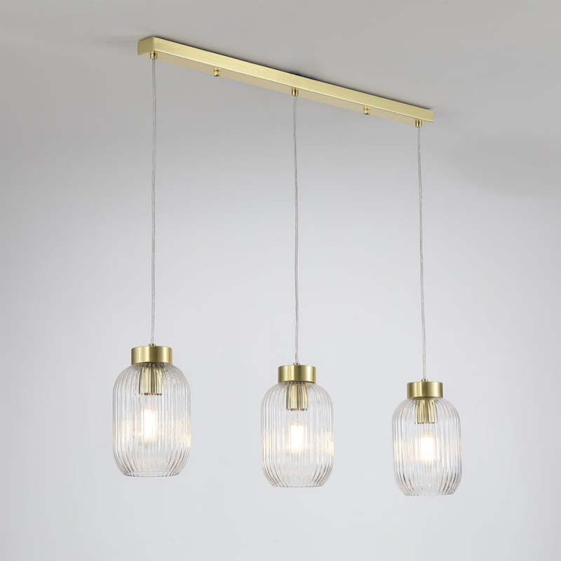 Kitchen Lights - Nikita - Satin Brass 3 Light over Island Fitting with Clear Ribbed Small Glass Searchlight-NIK-SP3-SB+3x02NIK-CL - Nikita - Satin Brass 3 Light over Island Fitting with Clear Ribbed Small Glass