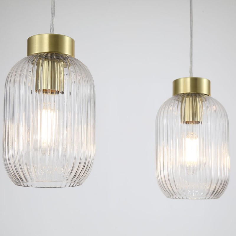 Kitchen Lights - Nikita - Satin Brass 3 Light over Island Fitting with Clear Ribbed Small Glass Searchlight-NIK-SP3-SB+3x02NIK-CL - Nikita - Satin Brass 3 Light over Island Fitting with Clear Ribbed Small Glass