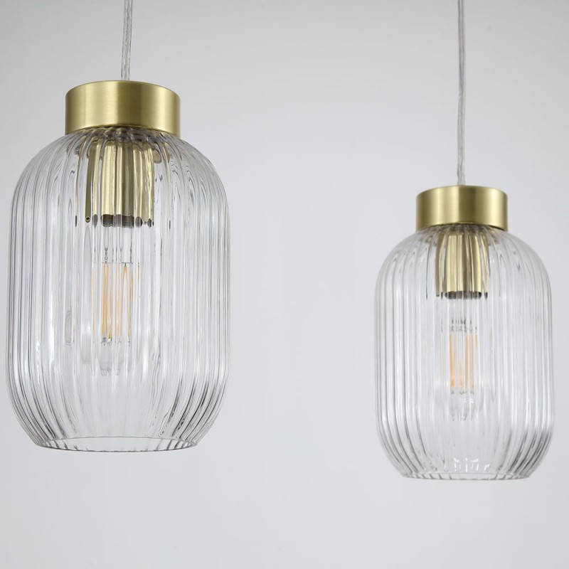 Kitchen Lights - Nikita - Satin Brass 3 Light over Island Fitting with Clear Ribbed Small Glass Searchlight-NIK-SP3-SB+3x02NIK-CL - Nikita - Satin Brass 3 Light over Island Fitting with Clear Ribbed Small Glass