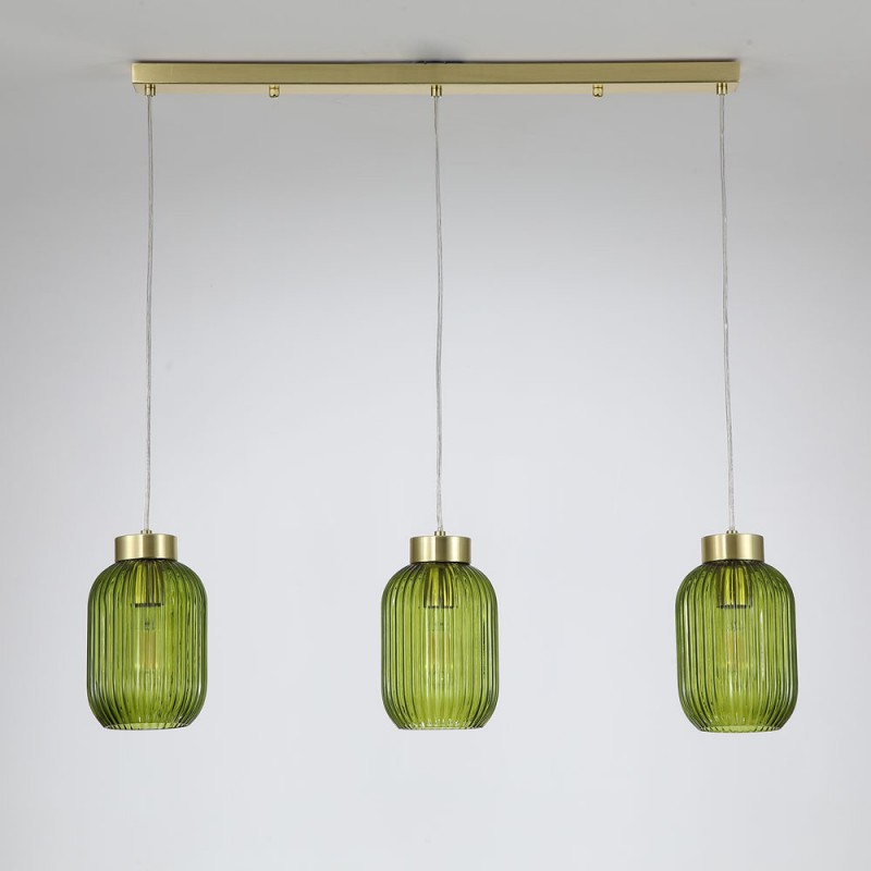 Searchlight-NIK-SP3-SB+3x02NIK-GR - Nikita - Satin Brass 3 Light over Island Fitting with Green Ribbed Small Glass