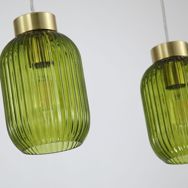 Searchlight-NIK-SP3-SB+3x02NIK-GR - Nikita - Satin Brass 3 Light over Island Fitting with Green Ribbed Small Glass