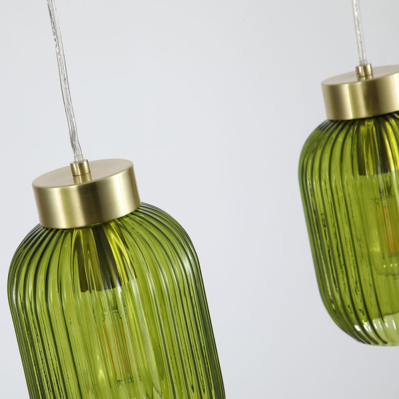 Searchlight-NIK-SP3-SB+3x02NIK-GR - Nikita - Satin Brass 3 Light over Island Fitting with Green Ribbed Small Glass