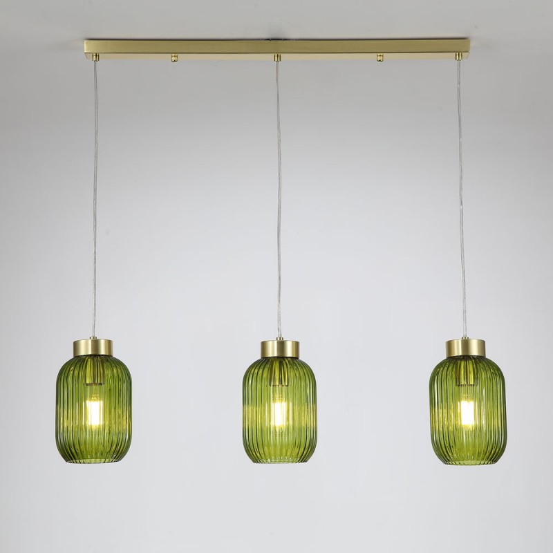 Searchlight-NIK-SP3-SB+3x02NIK-GR - Nikita - Satin Brass 3 Light over Island Fitting with Green Ribbed Small Glass
