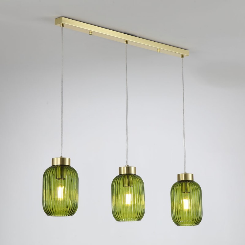 Searchlight-NIK-SP3-SB+3x02NIK-GR - Nikita - Satin Brass 3 Light over Island Fitting with Green Ribbed Small Glass