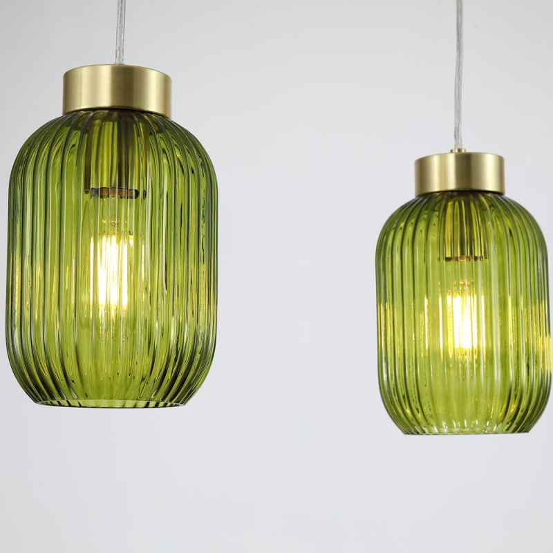 Searchlight-NIK-SP3-SB+3x02NIK-GR - Nikita - Satin Brass 3 Light over Island Fitting with Green Ribbed Small Glass