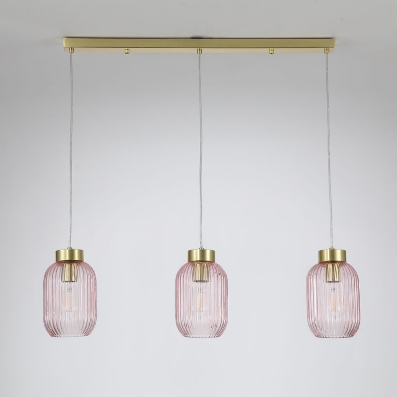 Searchlight-NIK-SP3-SB+3x02NIK-PI - Nikita - Satin Brass 3 Light over Island Fitting with Pink Ribbed Small Glass
