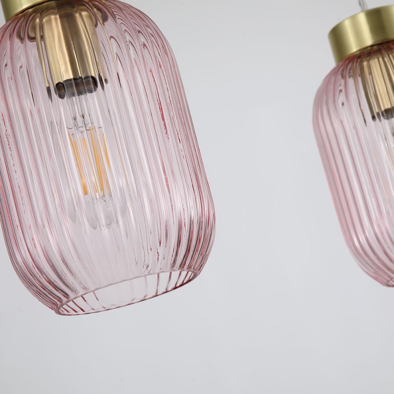 Searchlight-NIK-SP3-SB+3x02NIK-PI - Nikita - Satin Brass 3 Light over Island Fitting with Pink Ribbed Small Glass