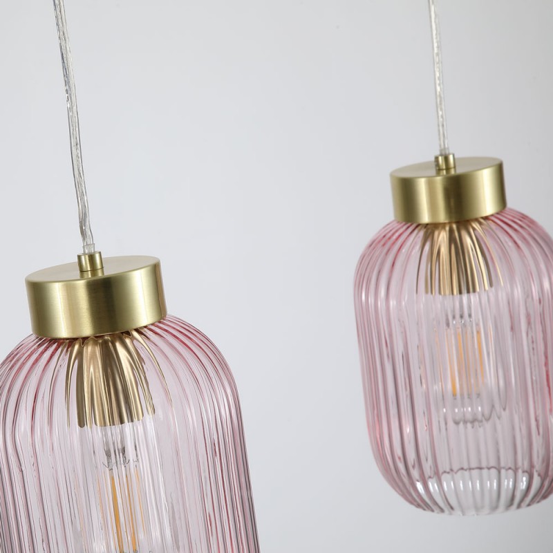 Searchlight-NIK-SP3-SB+3x02NIK-PI - Nikita - Satin Brass 3 Light over Island Fitting with Pink Ribbed Small Glass