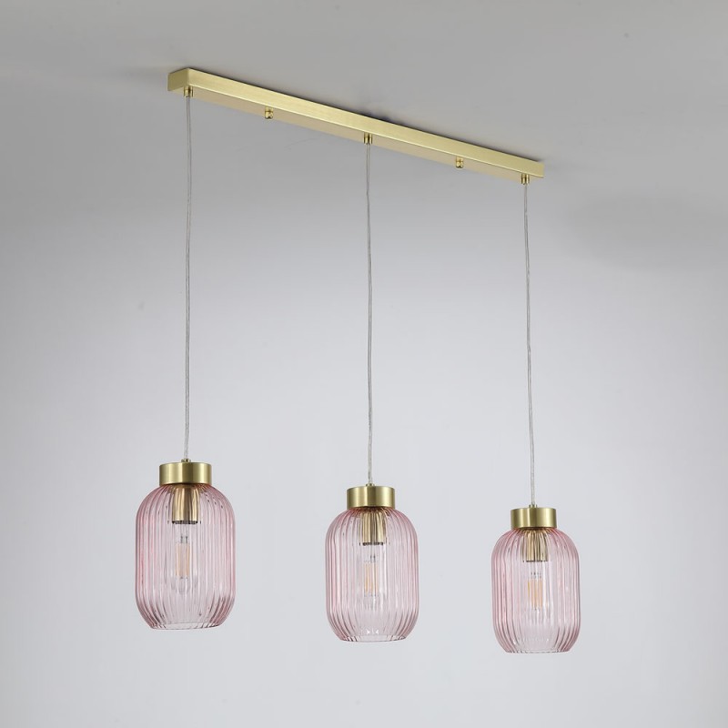 Searchlight-NIK-SP3-SB+3x02NIK-PI - Nikita - Satin Brass 3 Light over Island Fitting with Pink Ribbed Small Glass