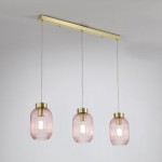 Nikita - Satin Brass 3 Light over Island Fitting with Pink Ribbed Small Glass Nikita - Satin Brass 3 Light over Island Fitting with Pink Ribbed Small Glass
