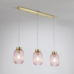 Nikita - Satin Brass 3 Light over Island Fitting with Pink Ribbed Small Glass Nikita - Satin Brass 3 Light over Island Fitting with Pink Ribbed Small Glass