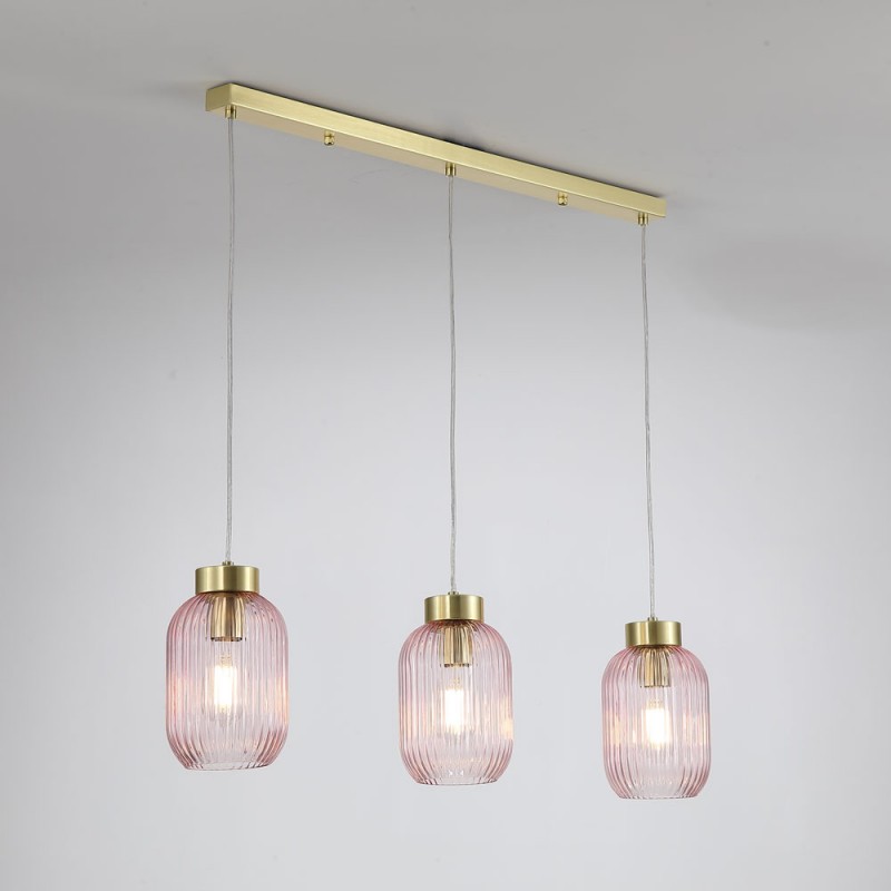 Searchlight-NIK-SP3-SB+3x02NIK-PI - Nikita - Satin Brass 3 Light over Island Fitting with Pink Ribbed Small Glass