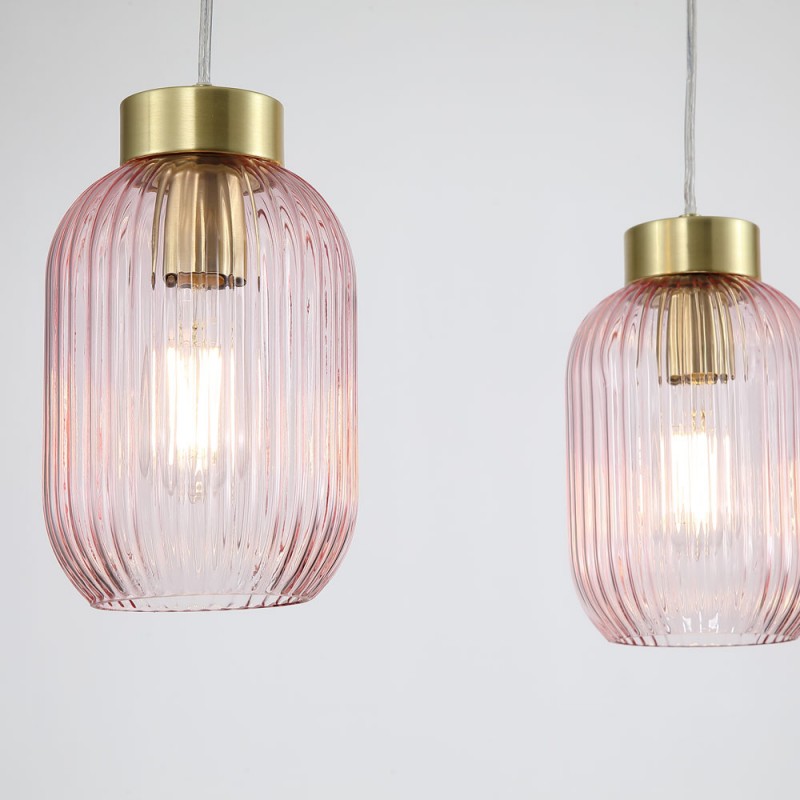 Searchlight-NIK-SP3-SB+3x02NIK-PI - Nikita - Satin Brass 3 Light over Island Fitting with Pink Ribbed Small Glass