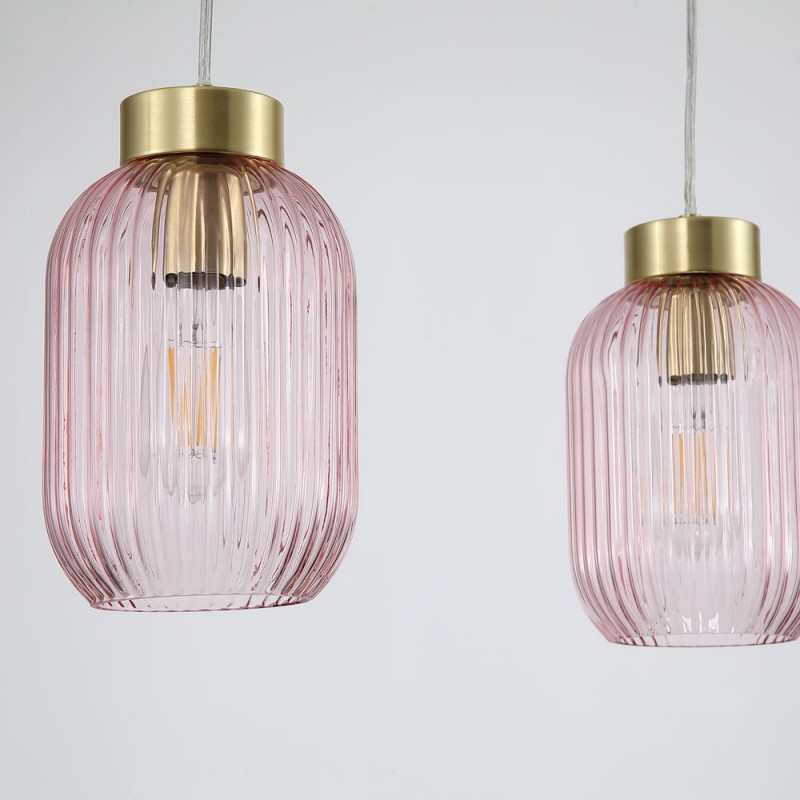 Searchlight-NIK-SP3-SB+3x02NIK-PI - Nikita - Satin Brass 3 Light over Island Fitting with Pink Ribbed Small Glass