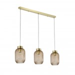 Nikita - Satin Brass 3 Light over Island Fitting with Amber Ribbed Small Glass Nikita - Satin Brass 3 Light over Island Fitting with Amber Ribbed Small Glass