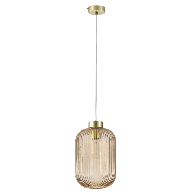 Searchlight-NIK-SP1-SB+01NIK-AM - Nikita - Satin Brass Pendant with Amber Ribbed Glass ∅ 20 cm