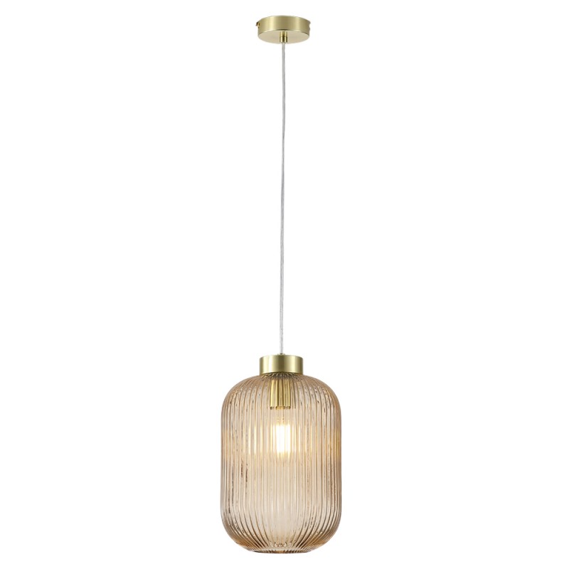 Searchlight-NIK-SP1-SB+01NIK-AM - Nikita - Satin Brass Pendant with Amber Ribbed Glass ∅ 20 cm