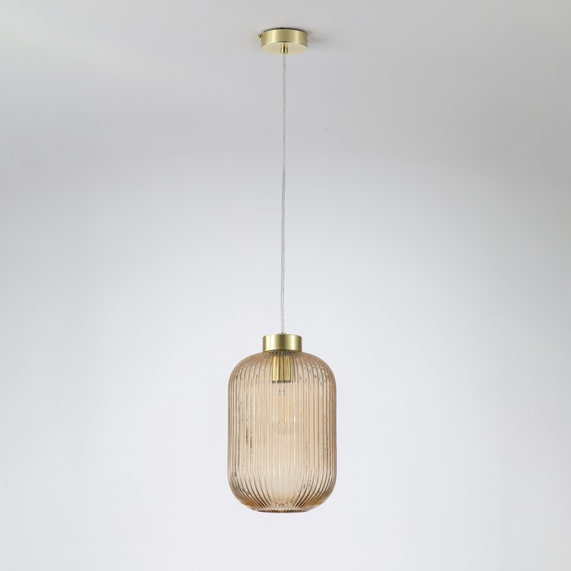 Searchlight-NIK-SP1-SB+01NIK-AM - Nikita - Satin Brass Pendant with Amber Ribbed Glass ∅ 20 cm
