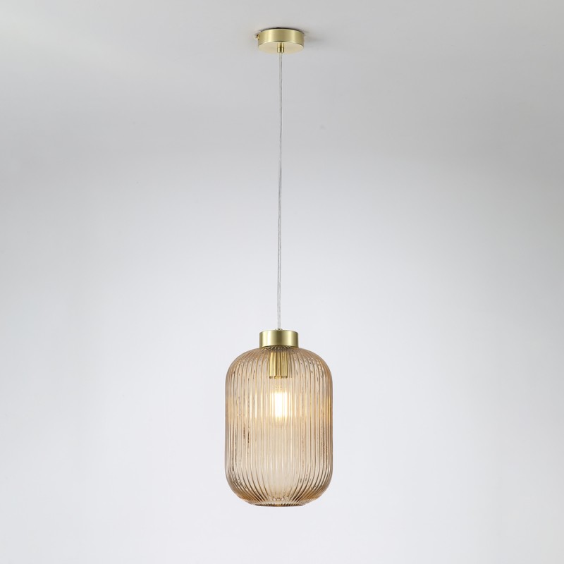 Searchlight-NIK-SP1-SB+01NIK-AM - Nikita - Satin Brass Pendant with Amber Ribbed Glass ∅ 20 cm