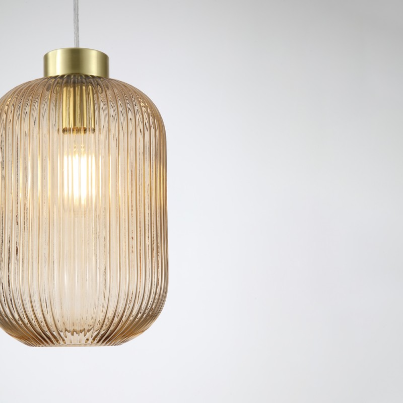 Searchlight-NIK-SP1-SB+01NIK-AM - Nikita - Satin Brass Pendant with Amber Ribbed Glass ∅ 20 cm