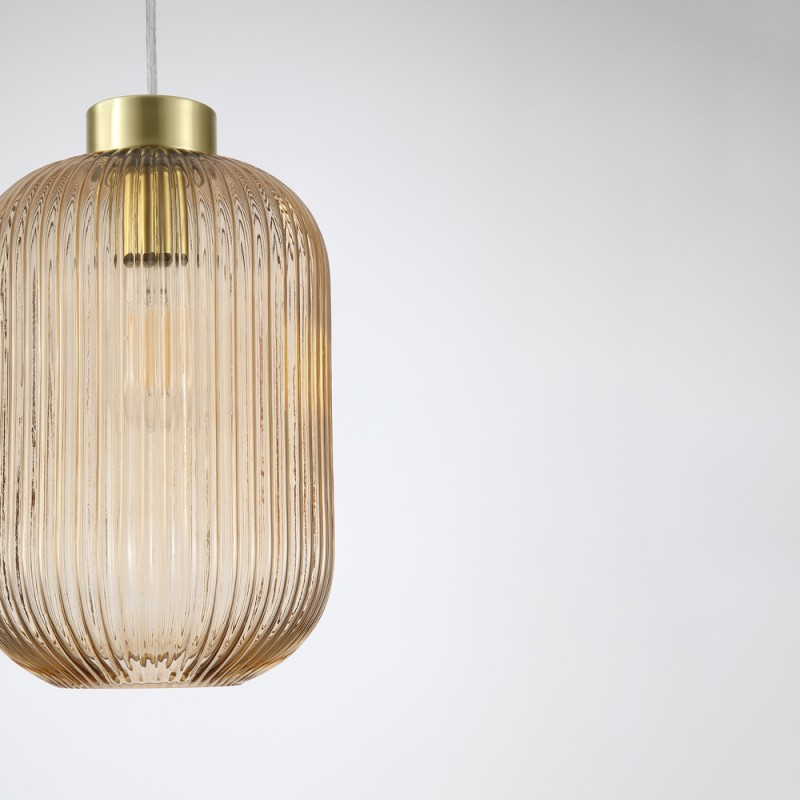 Searchlight-NIK-SP1-SB+01NIK-AM - Nikita - Satin Brass Pendant with Amber Ribbed Glass ∅ 20 cm