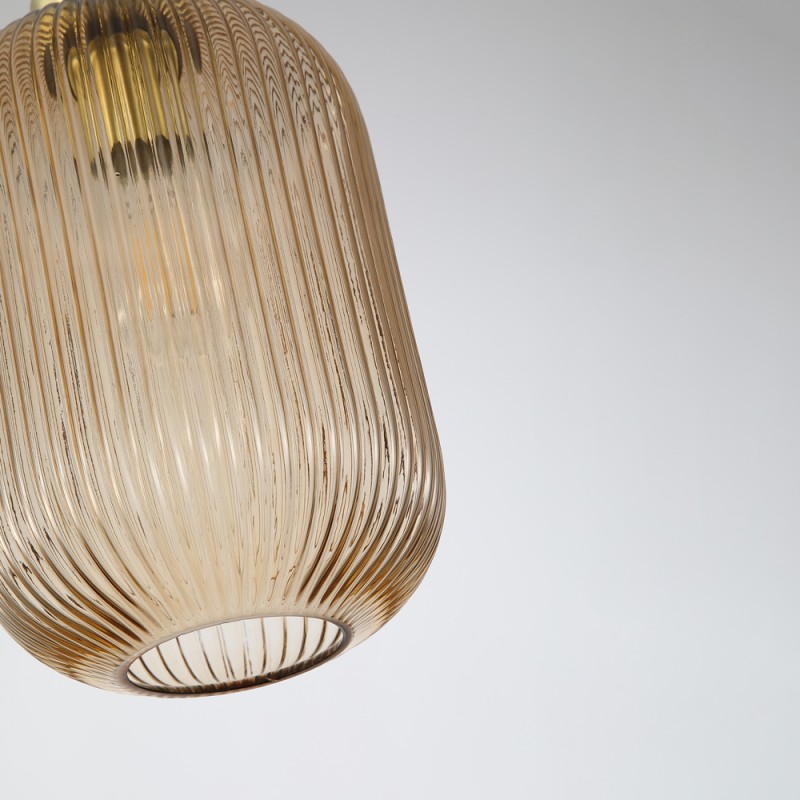 Searchlight-NIK-SP1-SB+01NIK-AM - Nikita - Satin Brass Pendant with Amber Ribbed Glass ∅ 20 cm