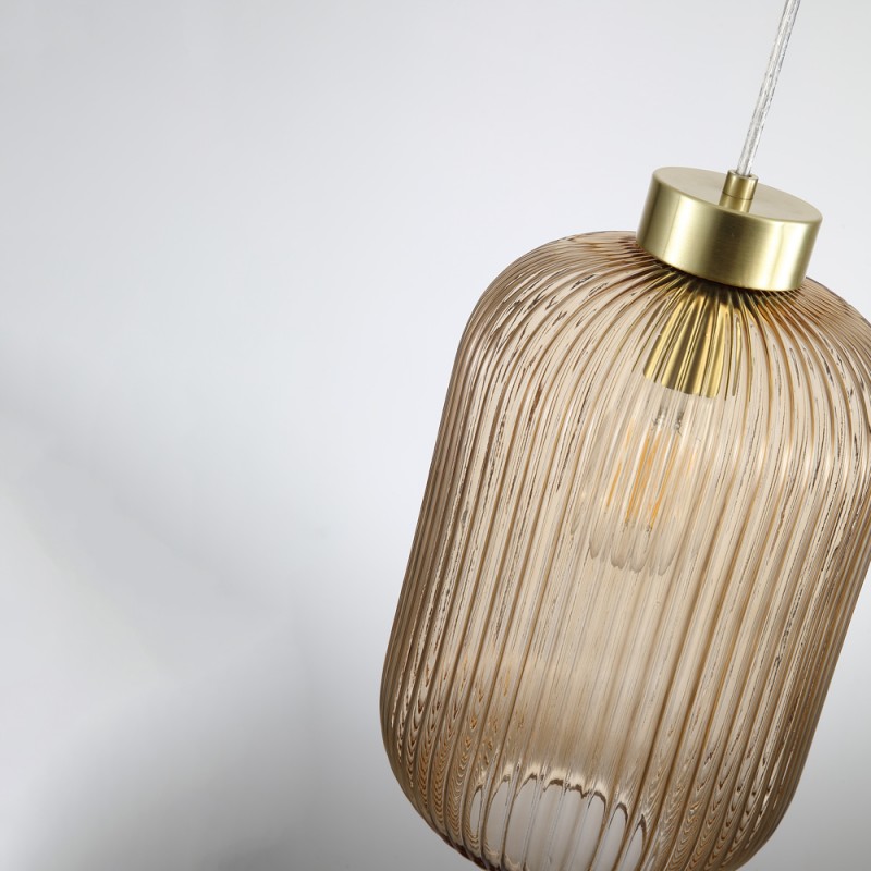 Searchlight-NIK-SP1-SB+01NIK-AM - Nikita - Satin Brass Pendant with Amber Ribbed Glass ∅ 20 cm