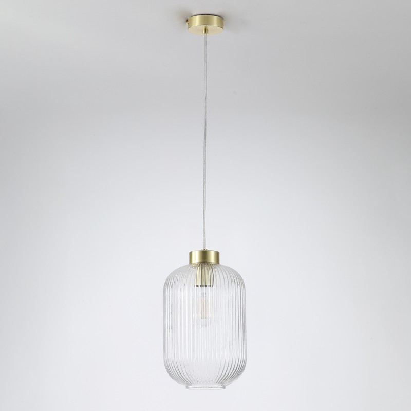 Searchlight-NIK-SP1-SB+01NIK-CL - Nikita - Satin Brass Pendant with Clear Ribbed Glass ∅ 20 cm