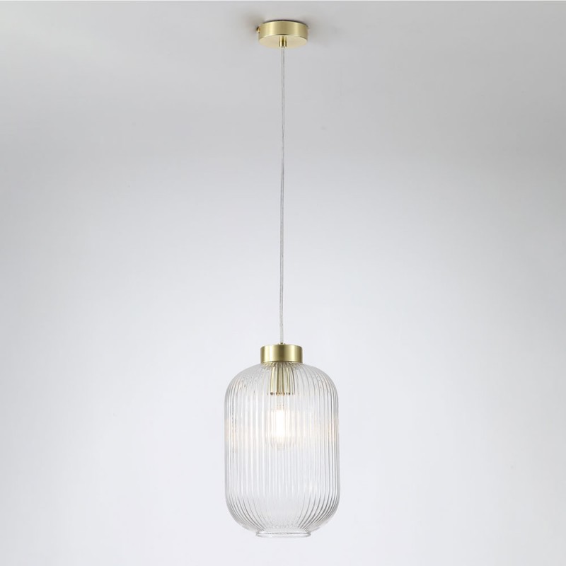 Searchlight-NIK-SP1-SB+01NIK-CL - Nikita - Satin Brass Pendant with Clear Ribbed Glass ∅ 20 cm