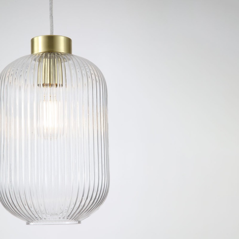 Searchlight-NIK-SP1-SB+01NIK-CL - Nikita - Satin Brass Pendant with Clear Ribbed Glass ∅ 20 cm