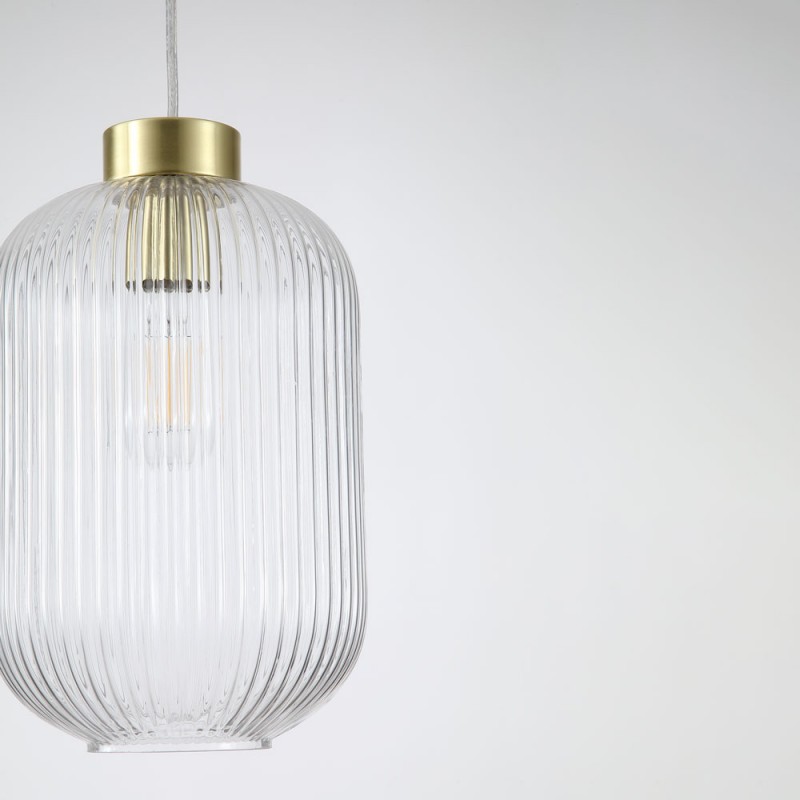 Searchlight-NIK-SP1-SB+01NIK-CL - Nikita - Satin Brass Pendant with Clear Ribbed Glass ∅ 20 cm