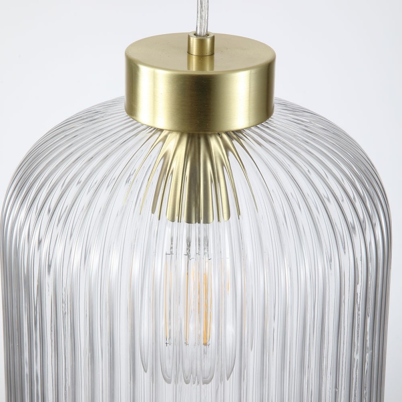 Searchlight-NIK-SP1-SB+01NIK-CL - Nikita - Satin Brass Pendant with Clear Ribbed Glass ∅ 20 cm