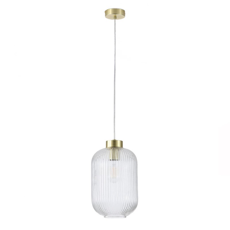 Searchlight-NIK-SP1-SB+01NIK-CL - Nikita - Satin Brass Pendant with Clear Ribbed Glass ∅ 20 cm
